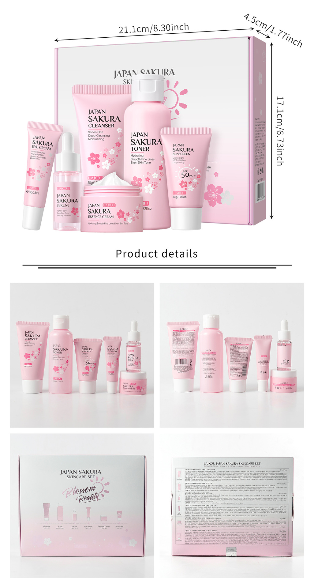 LAIKOU Cherry Blossom Skincare six-piece Set: Facial Cleanser, Essence, Eye Cream, Face Cream, Toner, sunscreen, Cross-border Specification drawing