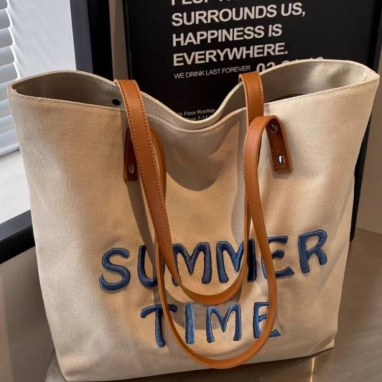 2026 New Embroidered Letter Canvas Bag for Women, Large Capacity Commuter Tote Bag, Versatile Shoulder Bag for Students, Casual Class Use 2026 New Embroidered Letter Canvas Bag for Women, Large Capacity Commuter Tote Bag, Versatile Shoulder Bag for Students, Casual Class Use