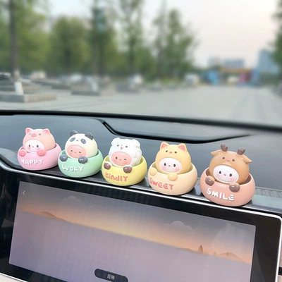 Creative and Cute Shaking Head Animal Car Ornaments, Cute Pet Car Interior Accessories, Car Center Console Decoration, Office Ornaments (Car ornaments) - family-set-of-5-with-glue
