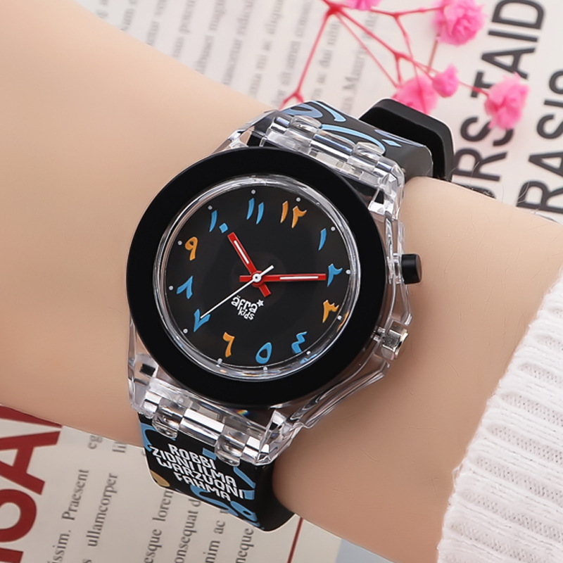 Big Sale Primary and Secondary School Students Watch Led Luminous Kidsren's Plastic Arabic Dial Quartz Watch Silicone Cartoon Hand