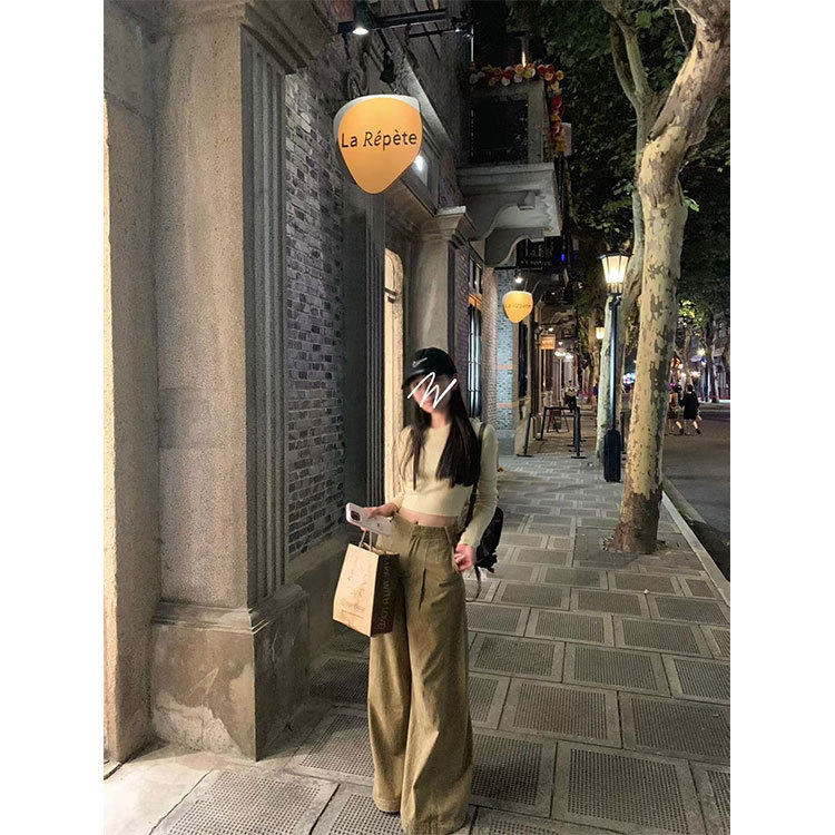 5werkwen yellow knitted short top round neck long sleeve bottoming shirt old washed yellow jeans