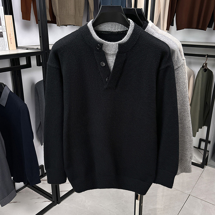 2025 otoño y invierno nuevo suéter de dos piezas falso estilo de moda casual coreano para hombres camisetas de punto cálidas