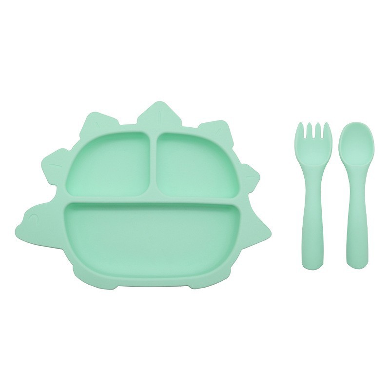 실리콘 [익룡 디너 접시 + 원형 손잡이 포크와 스푼] 민트 그린