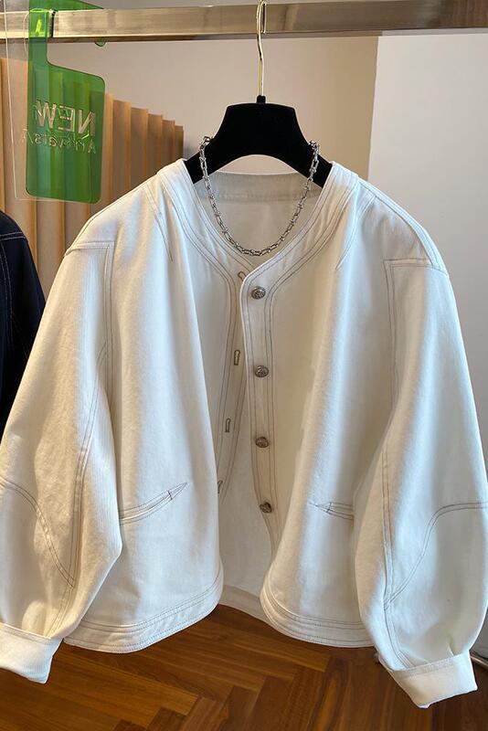 Black Denim Jacket for Women, Spring 2026 New Style, Loose Casual Collarless Thin Jacket, White