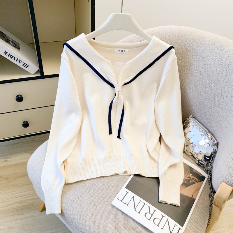 Real Shot of Large Quantities of 2025 Autumn New Style, Versatile Navy Style Tie Bottoming Top, Knitwear, Knitwear for Women