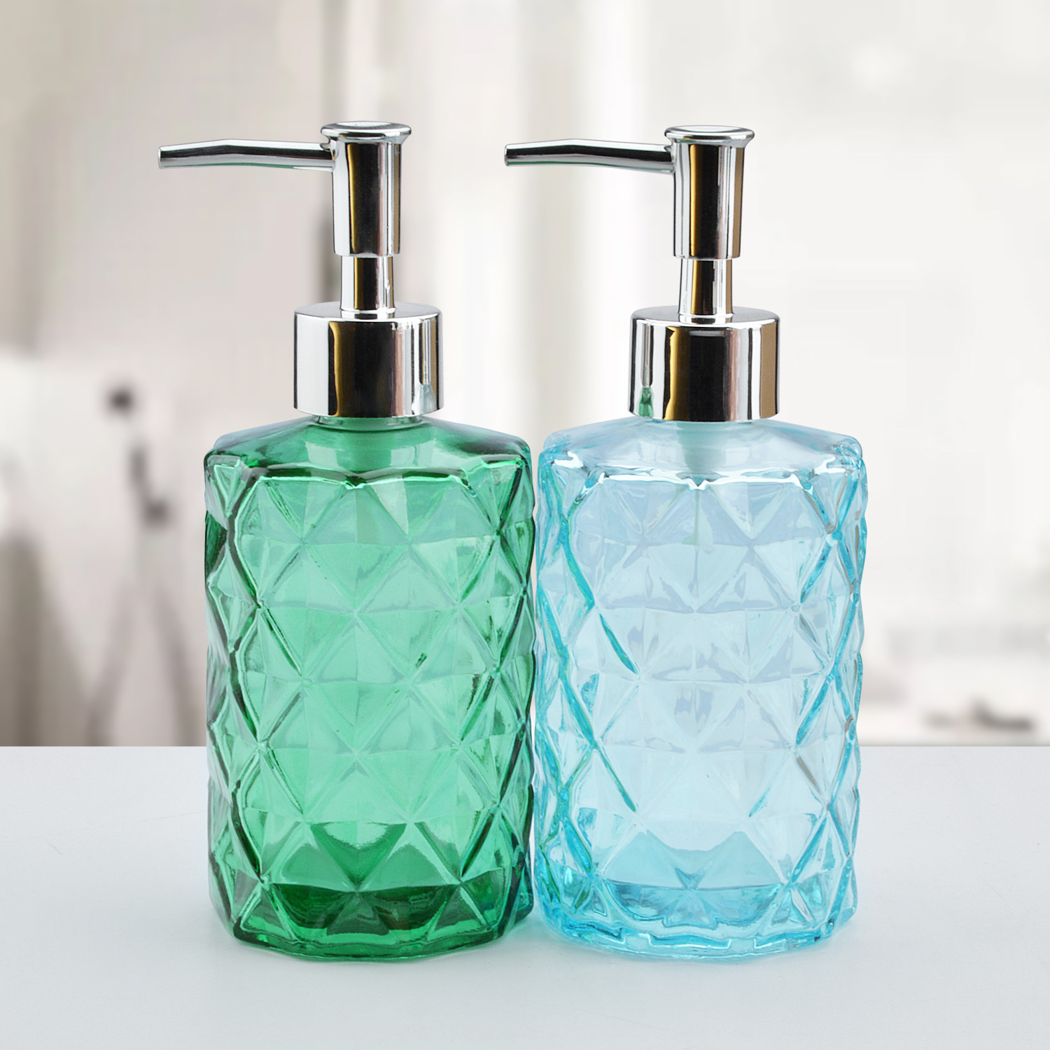 Botella de desinfectante de manos de vidrio de 330ml patrón de diamante gel de ducha loción corporal sub-embotellado botella de vidrio de sensación premium al por mayor
