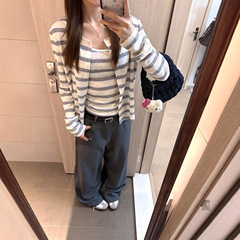 韩系条纹开衫女装配吊带背心早秋季气质长袖针织衫上衣外套两件套