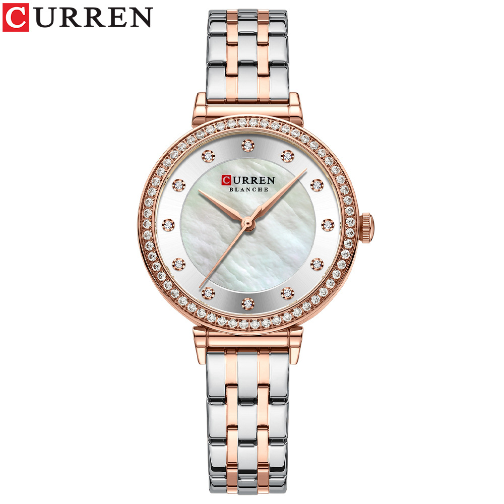 CURREN/Karien 9087 Women's Ultra-thin Steel Band Watch Round Shell Face Rhinestone Waterproof Watch Fashion