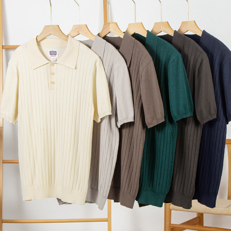 Men's High-End Italian-Style Polo Shirt with Short Sleeves, American Retro Style, Knitted Ribbed Collar