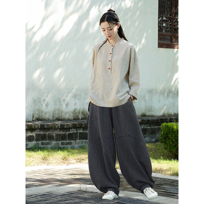 女性用在家服、中国風婦人服、綿麻ボタン付きトップス、禅服、中国風仏教禅無地スーツ|undefined
