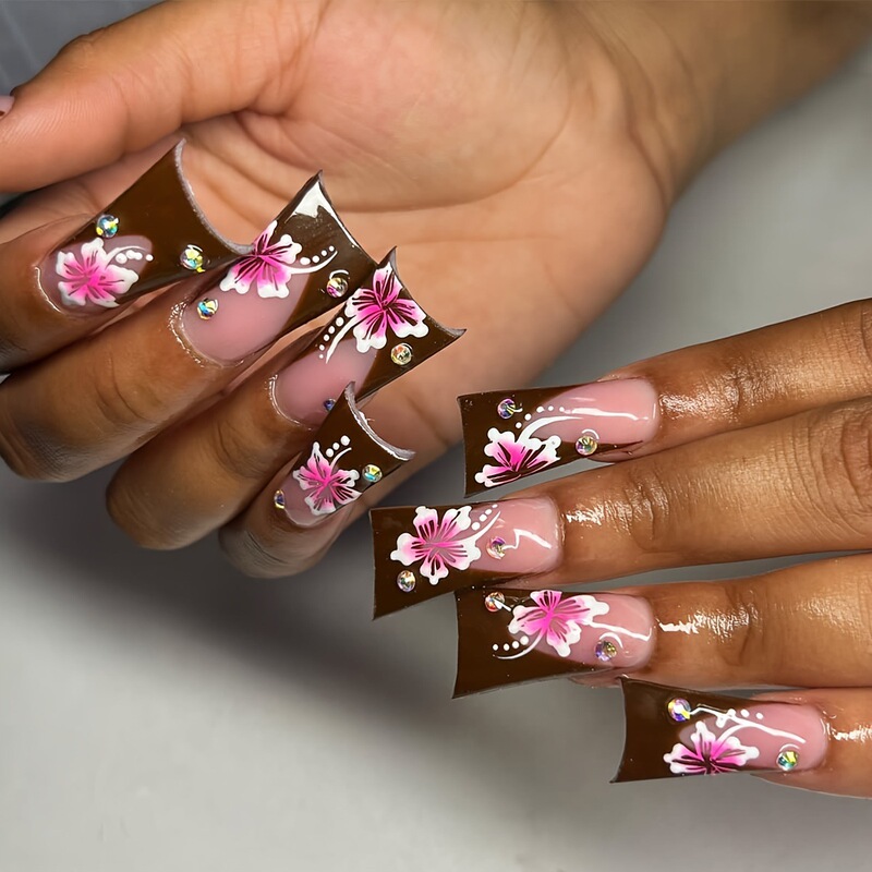 Cross-border New Wearing Nail Pieces Duckbill Shape French Edge Flower Diamond Finished Fake Nails Cross-border New Wearing Nail Pieces Duckbill Shape French Edge Flower Diamond Finished Fake Nails