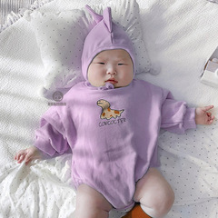 2024 Children's Spring and Autumn Cartoon Dinosaur Print Hooded Baby Romper Suit for Toddlers Baby Crawling Suit Diaper Suit Set