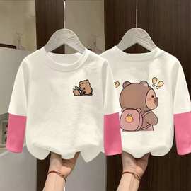 女童长袖t恤春装2025新款儿童纯棉上衣小女孩早秋拼接撞色打底衫