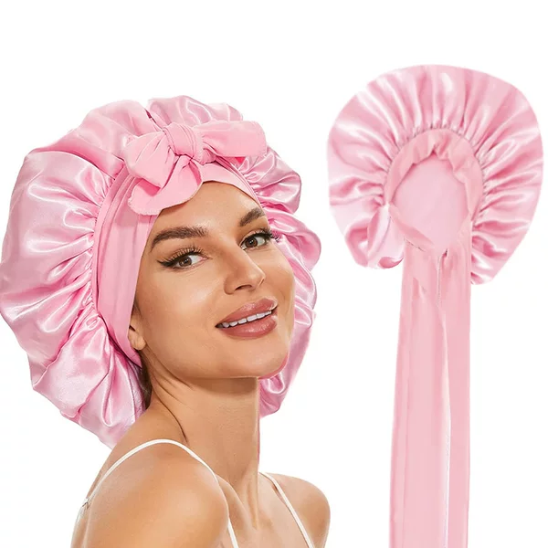 Amazon Hot Sale Imitation Silk Nightcap Stretch Ribbon Sedin Round Hat Large Hair Care Cap Solid Color Beauty Tape Hat