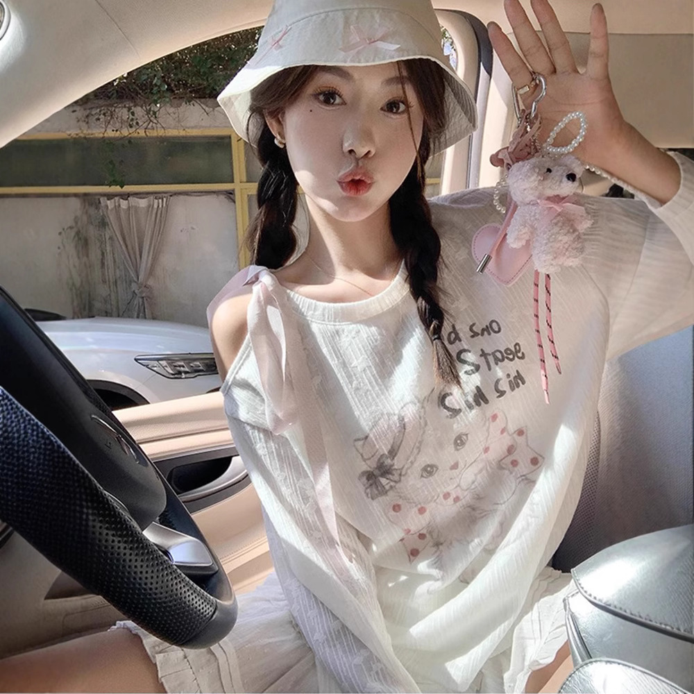 原版面料2025白色休闲露肩猫咪T恤女印花长袖罩衫防晒上衣薄款女