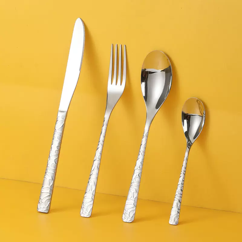 不锈钢刀叉勺餐具四件套创意锤纹裂纹西餐餐具酒店牛排刀叉甜品勺