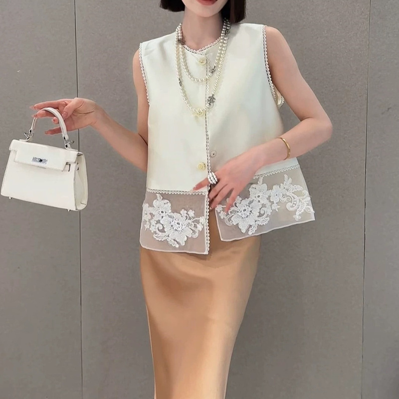 25 summer new ultra-thin ultra-light silk wool heavy industry embroidery nail bead stitching silk organza embroidery round neck vest