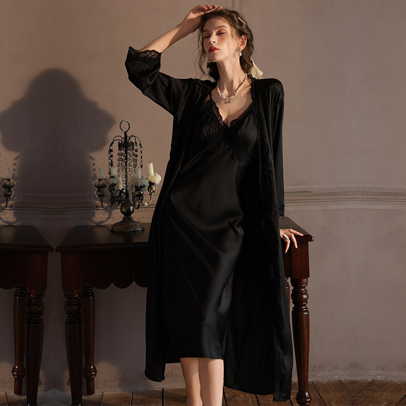 Cross-Border Long Two-Piece Suit, Feminine Pajamas, Suspender Nightgown, Spring and Autumn Ice Silk Long Skirt, Lace Nightgown, Home Clothes