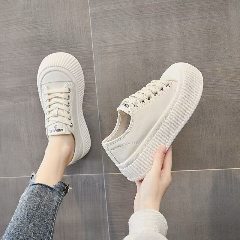 Cute Big-Toe Shoes 2026 Spring Round-Toe Lace-Up Shallow-Mouth Genuine Leather Thick-Soled White Sneakers Student Casual Sneakers Cute Big-Toe Shoes 2026 Spring Round-Toe Lace-Up Shallow-Mouth Genuine Leather Thick-Soled White Sneakers Student Casual Sneakers