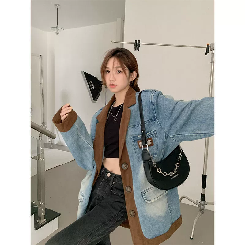 Retro denim suit, winter jacket, internet celebrity, oversize