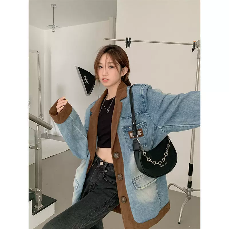 Retro denim suit, winter jacket, internet celebrity, oversize