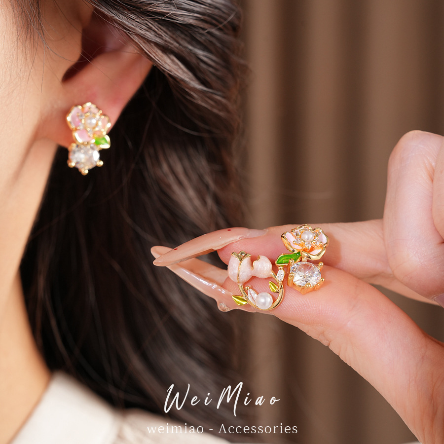 Aguja de plata zircon goteo flor tulipa perla pendientes temperamento dulce delicado pendientes ligeros lujosos de alta calidad pendientes
