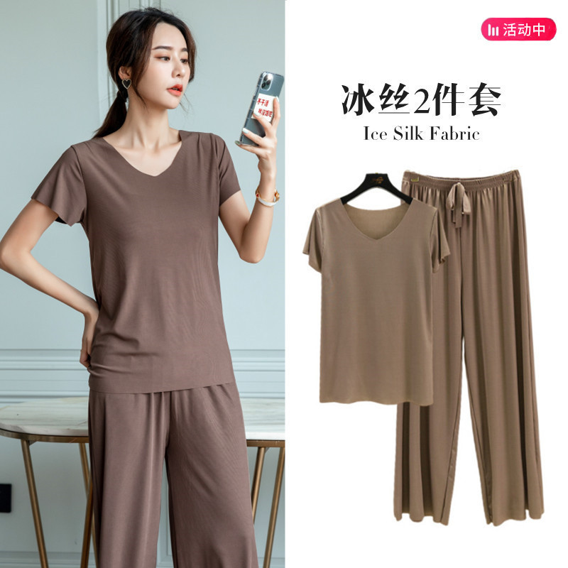 Ice Silk V-neck Pajamas Women's Summer Thin Cool-feeling Home Clothes Two-piece Outfit Short-sleeved Casual Large Size Suit