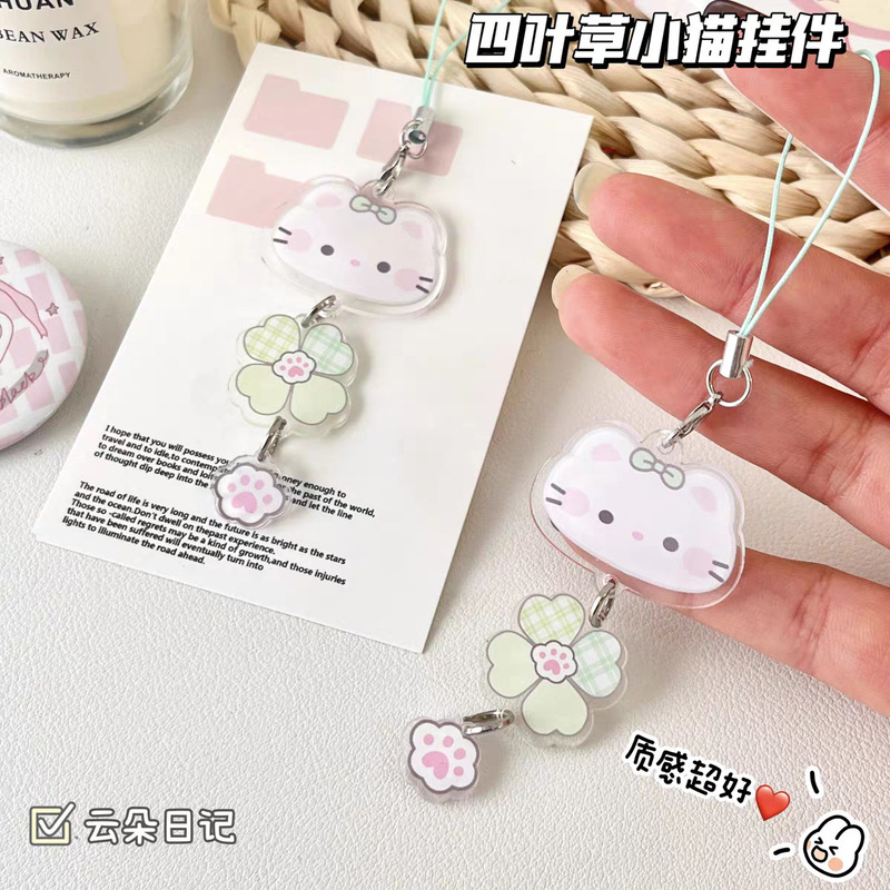 Lucky Four-Leaf Clover Kitten Pendant, Instagram-Style Best Friend Matching Backpack Charm, High-Value Acrylic Cartoon Decoration