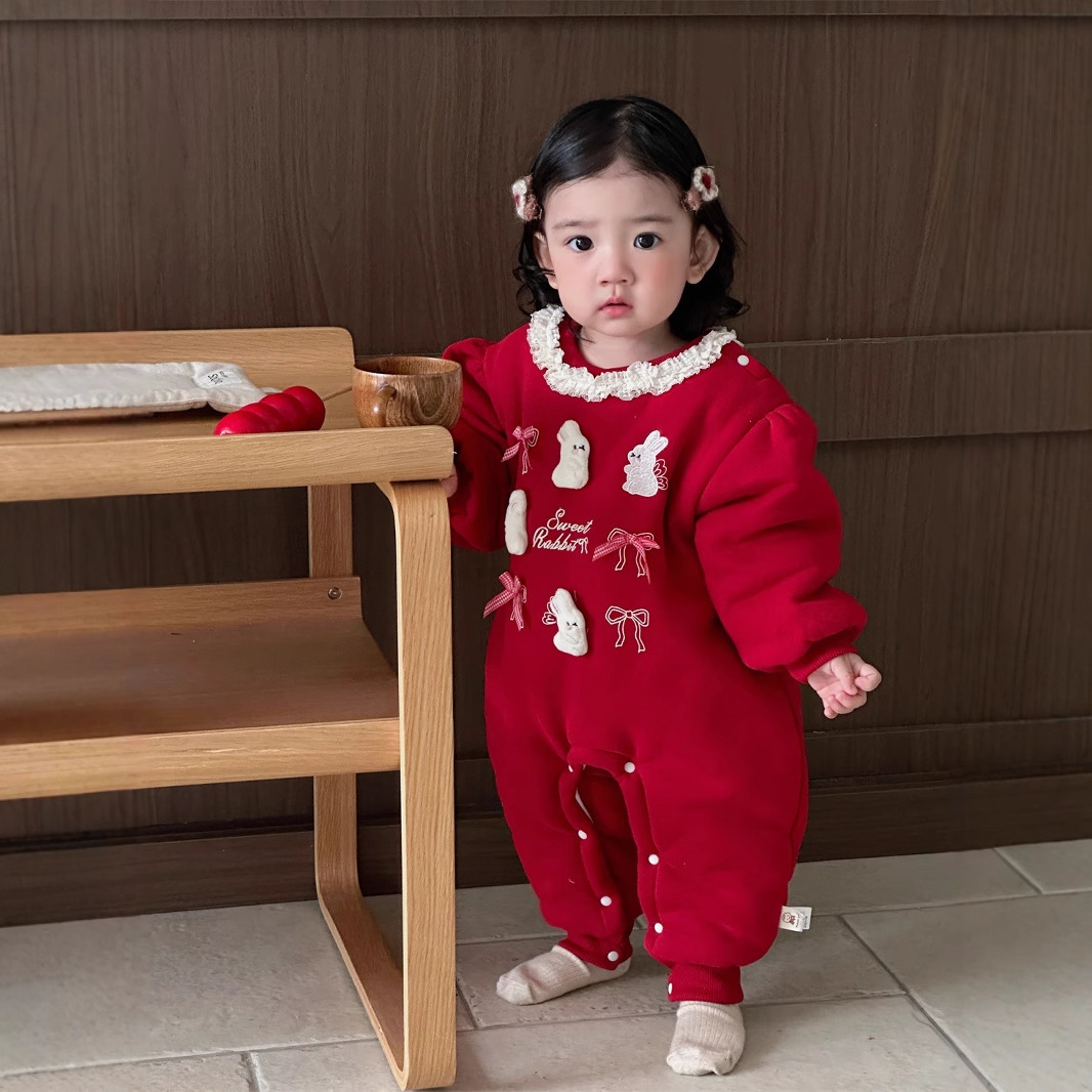2025 ropa de algodón de estilo chino para bebés, encaje festivo de año nuevo, lindo conejito, ropa de Año Nuevo, mono acolchado grueso