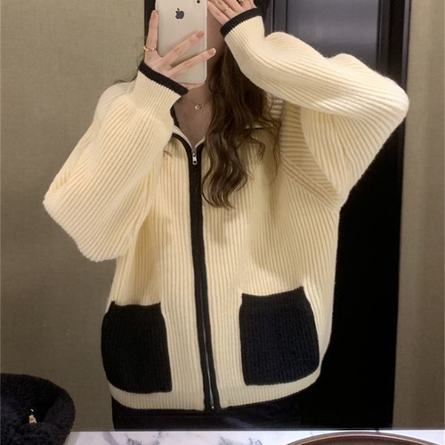 纯色编织格纹毛衣外套女慵懒风短款宽松早秋外穿上衣女士针织开衫详情16