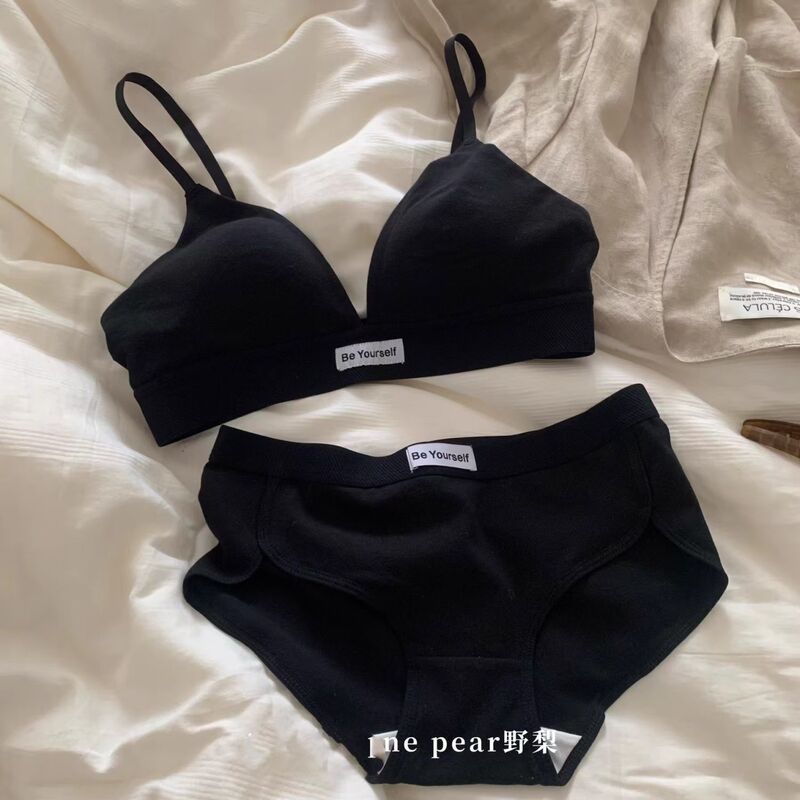 New French Style Simple Pure Style Cotton Ins Solid Color Comfortable Without Steel Ring Triangle Cup Bra suit Underwear for Women