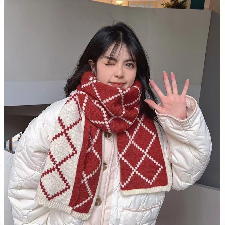 菱形格子围巾女秋冬季新款韩版毛线针织百搭保暖双面学生围脖加厚|undefined