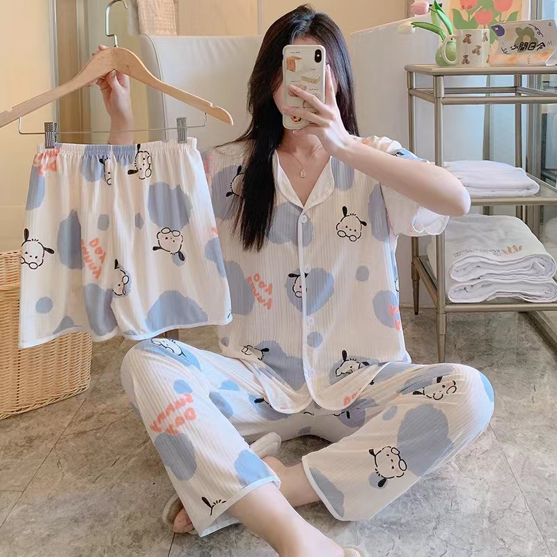 新しいカーディガンのパジャマの女性の半袖のズボンの3つのセットの漫画のかわいいレジャーの家の服の四季は外で着ることができます。|undefined