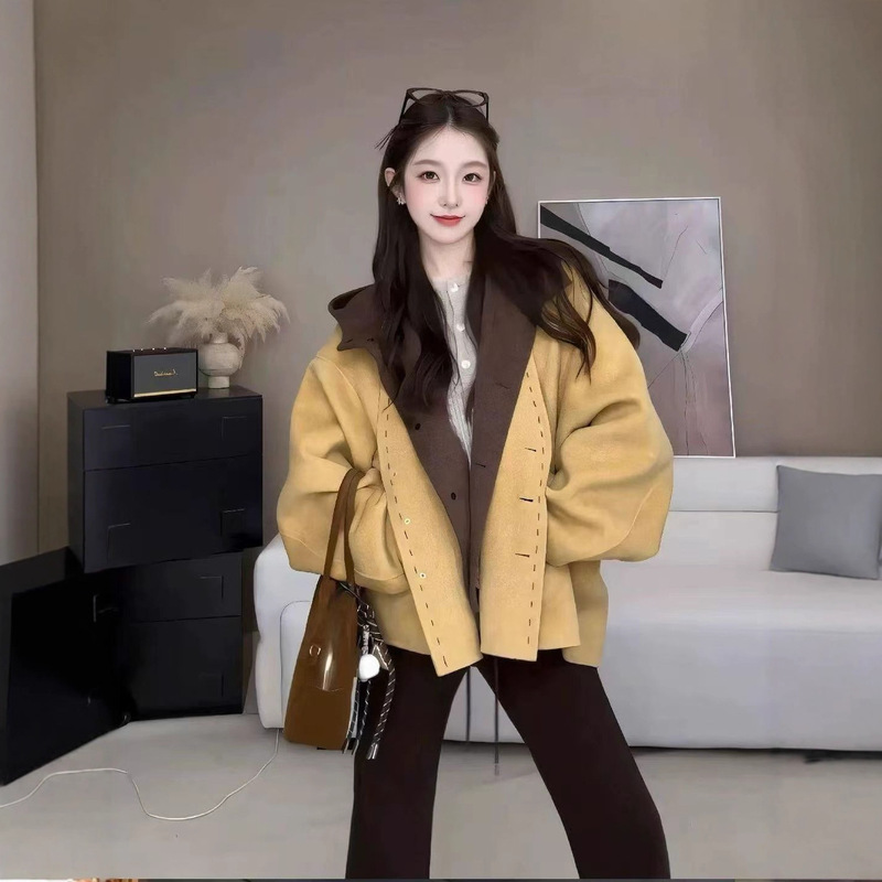 [Two-Piece Set] Double-Sided Cashmere Outwear for Women 2025 Autumn and Winter New Style Yellow Hooded Cloak Design Jacket for Women