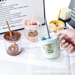 ins把手竹节玻璃杯吸管牛奶早餐杯甜品刻度杯子加盖可爱印花卡通