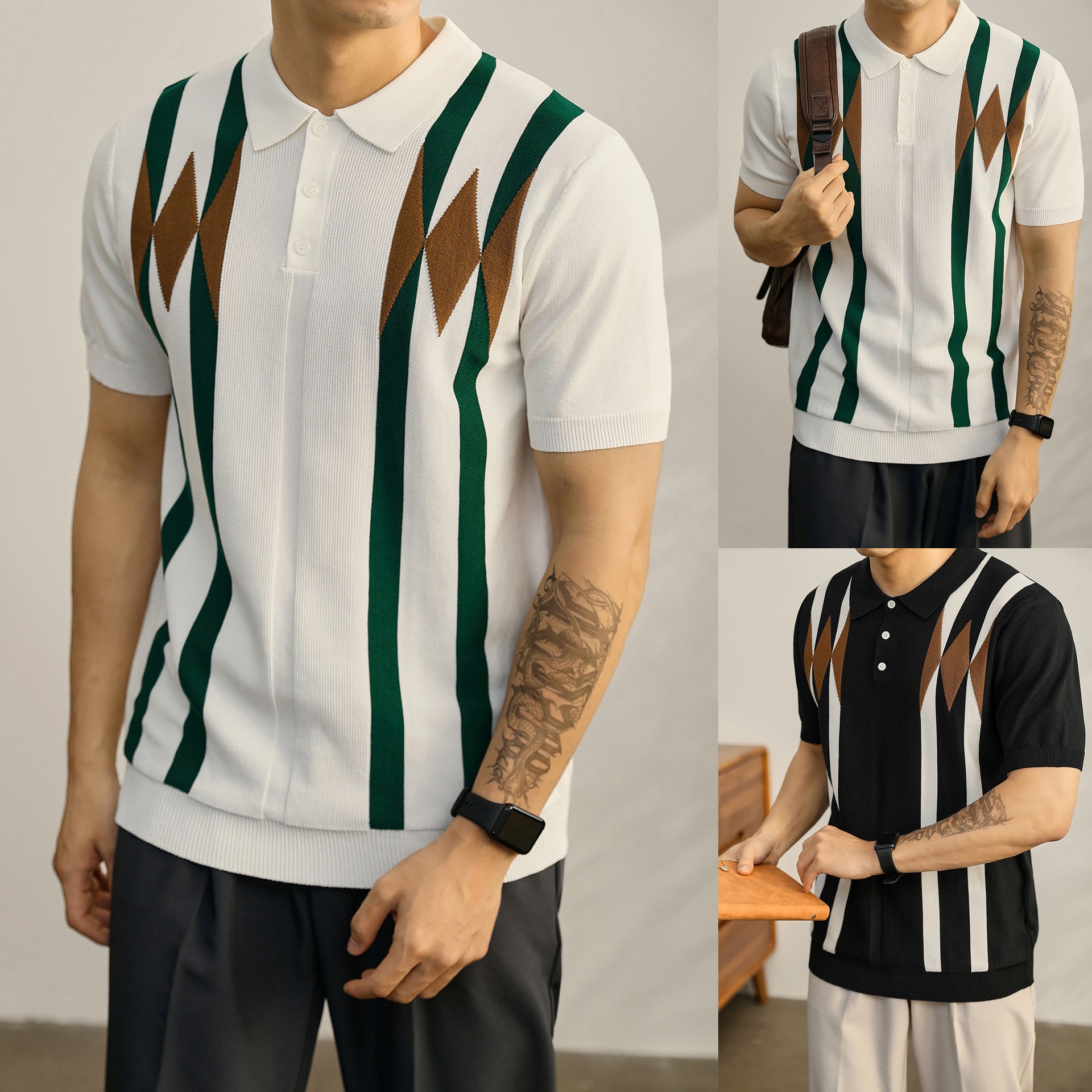 Polo camiseta de punto camiseta de manga corta camiseta de cuello de hombre rayas de color viejo viento de negocios de verano fábrica transfronteriza al por mayor