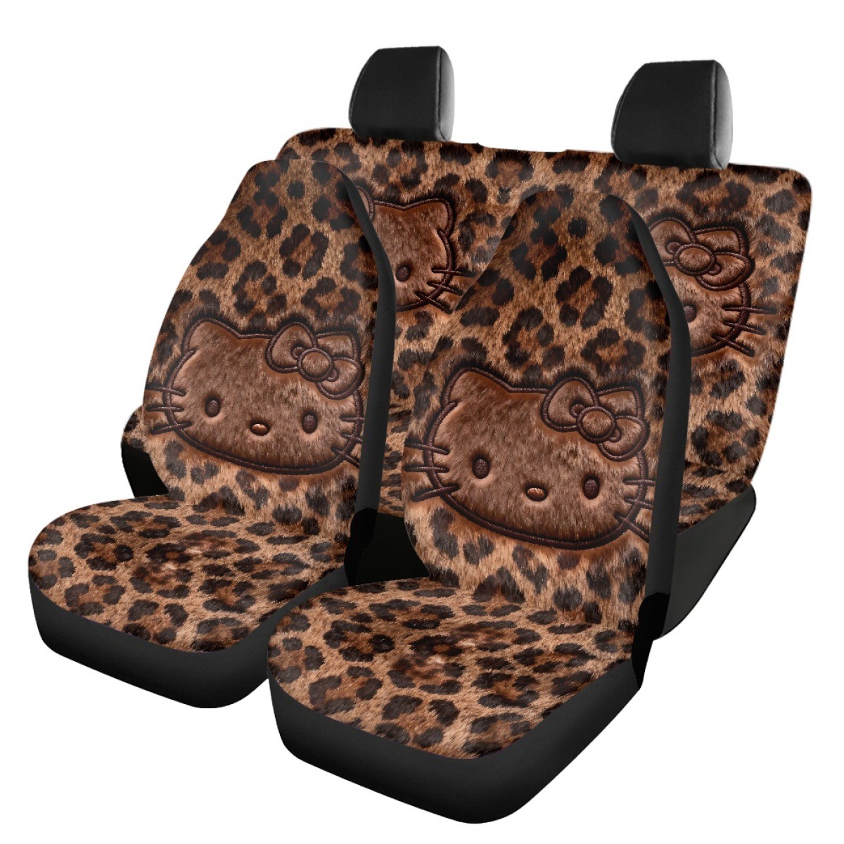 Custom-made car seat covers for independent online stores, featuring a coffee-colored leopard print and a Kitty cat design, to protect both the front and rear seats