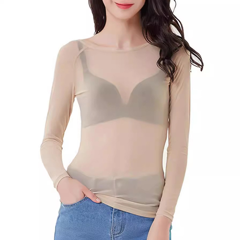 Spring and Autumn New Black Transparent Mesh Base Shirt Women's Long Sleeve Sexy Perspective Thin Mesh Shirt Super Stretch Yarn Clothes