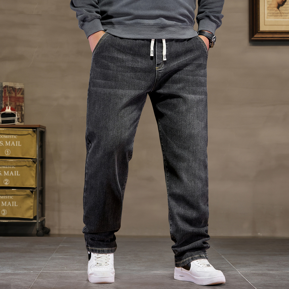 Extra große Größen Jeans Herren Hoher elastischer Bund Baggy Denim Hose Herren Plus Large Loose Slim Fit Cowboyhose 8XL 6XL Klassisches Schwarz_voghion.com