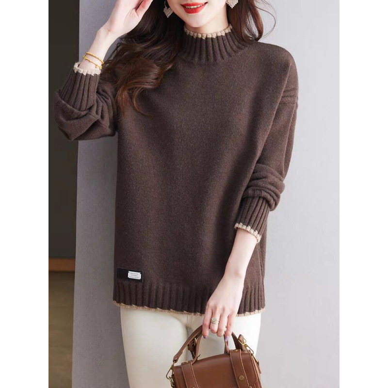 Playera de Punto con Cuello Medio Alto de Acrílico y Nailon Bloque de Color para Otoño e Invierno