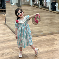 女童夏裝法式田園風蕾絲花邊領碎花泡泡短袖系帶收腰公主連衣裙