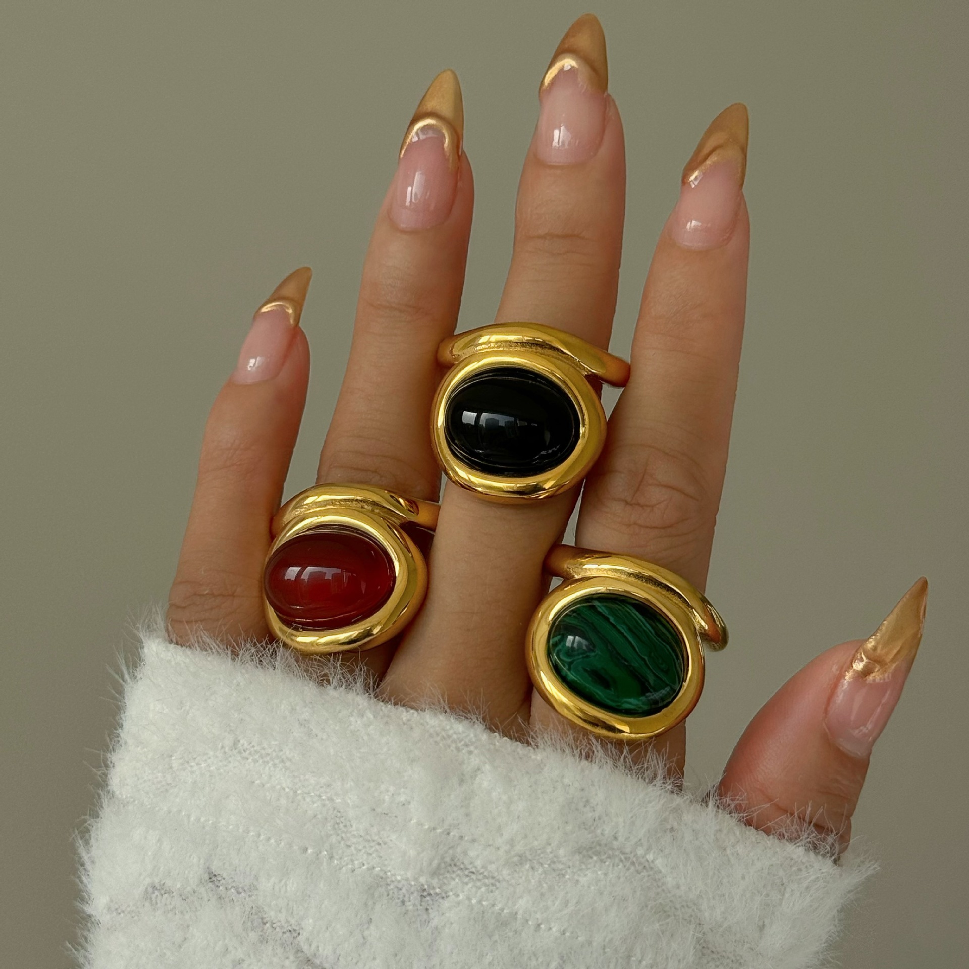 Natural Stone Inlay Material Retro Geometric Titanium Steel Inlay Natural Stone Rings