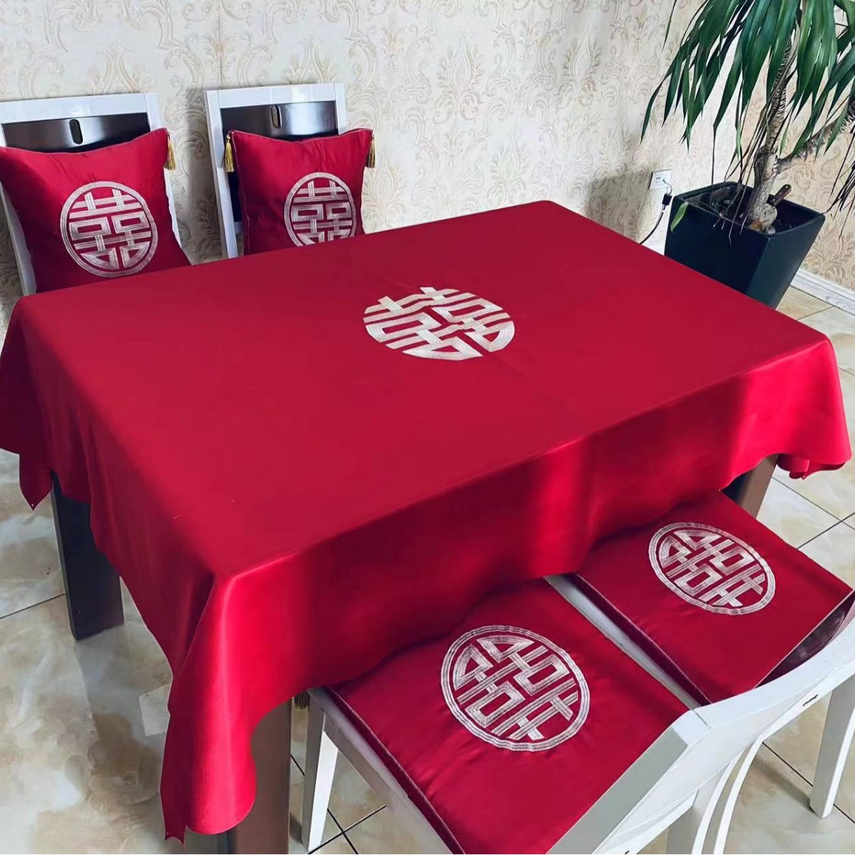 Tela de mesa de bodas, bandera de boda, mesa de té, tela roja china, ropa de mesa bordada, artículos de boda