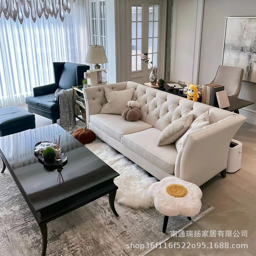 美式拉扣布艺沙发组合后现代风格简约现代客厅小户型轻奢三人沙发
