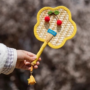 Cherry Handmade Cattail Fan Small Fan Mini Cute Cartoon Summer Portable High-Value Chinese Style Ancient Style