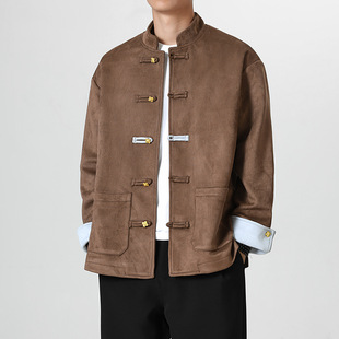 2024 Autumn and Winter New Men's Wear New Chinese Deerskin Fleece Color-block Four-leaf Clover Metal Buckle Collar Tang Dress Thickened Jacket