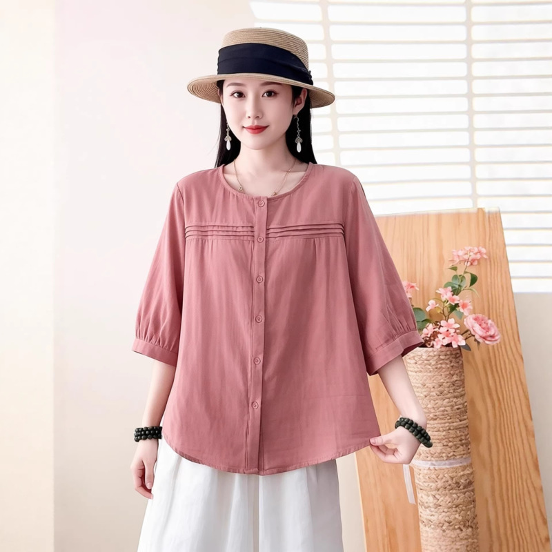 2026 Summer New Style Large Size Double-Layer Cotton Gauze Shirt for Women, Artistic Style Round Neck Cardigan, Loose Casual Short-Sleeved Top