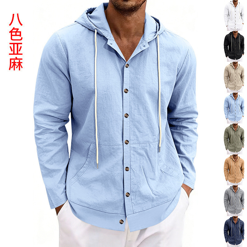 New cross-border foreign trade men's linen shirt, loose, casual, practical, with pockets, breathable, comfortable, hooded cardigan top