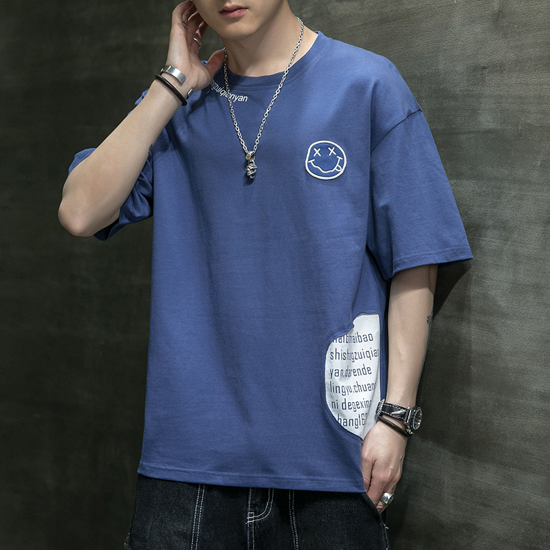 Men's 2023 Summer New Pure Cotton Short Korean Edition Trendy Brand Smiling Face Bottom Shirt Versatile Half sleeved_voghion.com