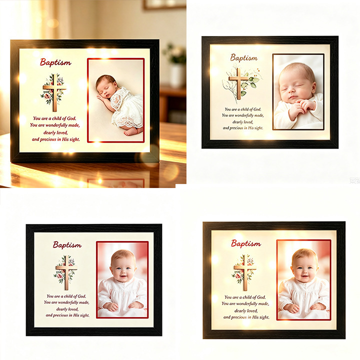Cross-border baby baptism LED light frame, religious cross, newborn baptism commemorative photo, tabletop display, available for drop shipping
